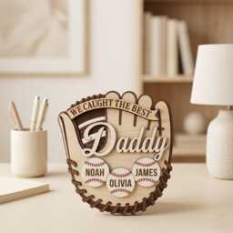 Personalized We Caught The Best Daddy Baseball Glove Sign, Custom Kids Names Gift, Father's Day Wooden Keepsake Decor, Sport Dad Wall Art - thumbnail 2