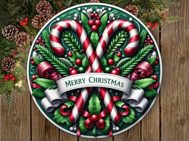 Merry Christmas Wreath Sign, Xmas Candy Cane Merry Xmas Wreath, Holly Sign - image 1