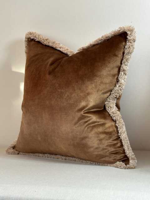 Velvet Cushion Cover With Brush Fringe Trim - Handmade in UK Sofa Chair Bed Scatter Throw Pillow Brown Blue Green Orange - image 1