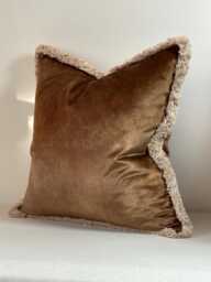 Velvet Cushion Cover With Brush Fringe Trim - Handmade in UK Sofa Chair Bed Scatter Throw Pillow Brown Blue Green Orange