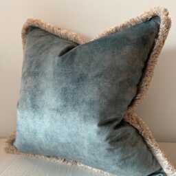 Velvet Cushion Cover With Brush Fringe Trim - Handmade in UK Sofa Chair Bed Scatter Throw Pillow Brown Blue Green Orange - thumbnail 2