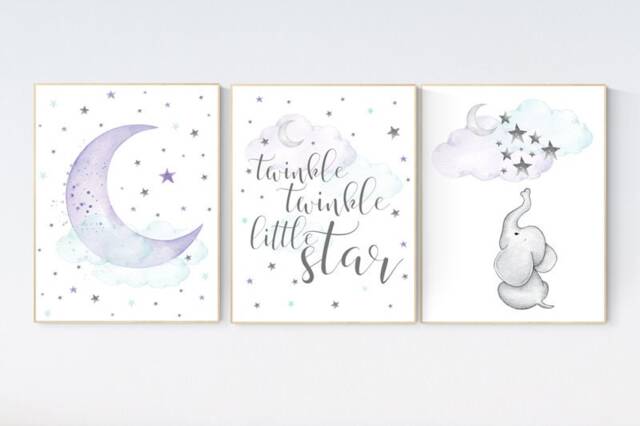 Elephant Nursery Decor Purple Moon & Stars Girl Wall Art - image 1