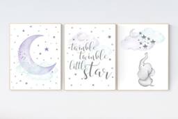 Elephant Nursery Decor Purple Moon & Stars Girl Wall Art - thumbnail 1