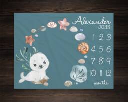 Seal Milestone Blanket Monthly Growth Tracker Soft Fleece Baby Shower Gift Newborn Watch Me Grow Boy Nautical - thumbnail 1