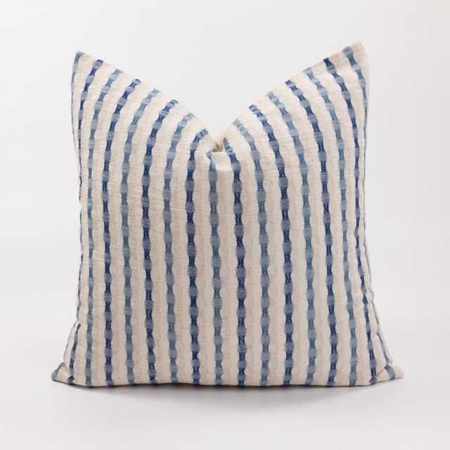 Neutral & Blue Striped Throw Pillow Cushion Cover, Off-White Beige Oatmeal Fabric, Farmhouse, Nautical - image 1