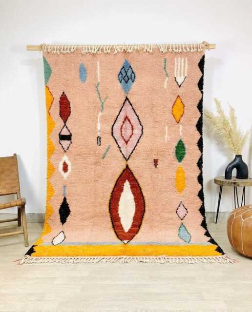 Moroccan Pink Berber Rug, Handwoven Wool Shag Colorful Diamond Motifs, Boho Nursery Authentic Beni Ourain Carpet, Large Area Rug - image 1