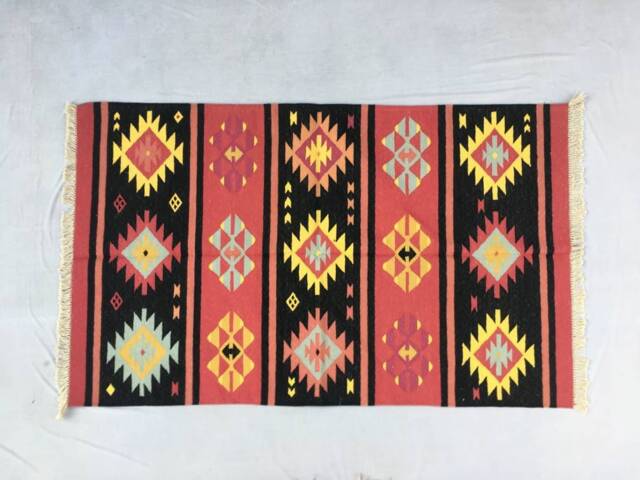 3x5 Cotton Rug Kelim Hand Woven Red & Black Dhurrie - image 1