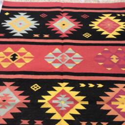 3x5 Cotton Rug Kelim Hand Woven Red & Black Dhurrie - thumbnail 3