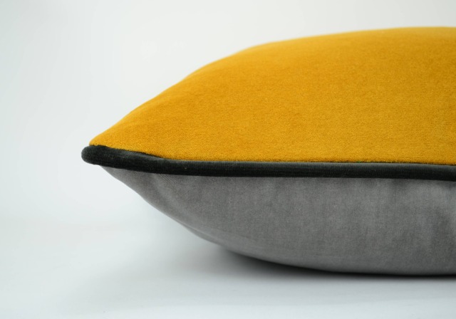 Grey Yellow Velvet Pillow Cover, Stone Mustard Charcoal Piping Cushion - image 1