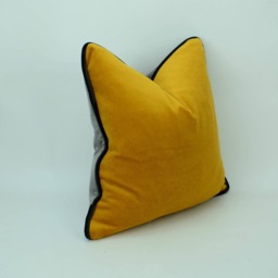 Grey Yellow Velvet Pillow Cover, Stone Mustard Charcoal Piping Cushion - thumbnail 3