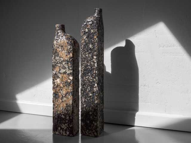 Block Sculptural Vase Set Of 2, Black Brutalist Bottle Vases, Handmade Concrete-Look Art Object - image 1