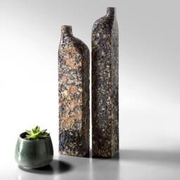 Block Sculptural Vase Set Of 2, Black Brutalist Bottle Vases, Handmade Concrete-Look Art Object - thumbnail 3