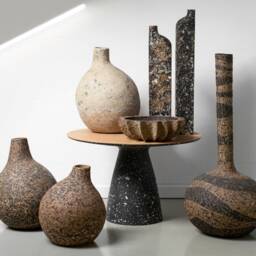 Block Sculptural Vase Set Of 2, Black Brutalist Bottle Vases, Handmade Concrete-Look Art Object - thumbnail 4