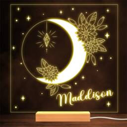 Moon Crystal Flowers With Stars Name Square Personalised Gift Lamp Night Light - thumbnail 1