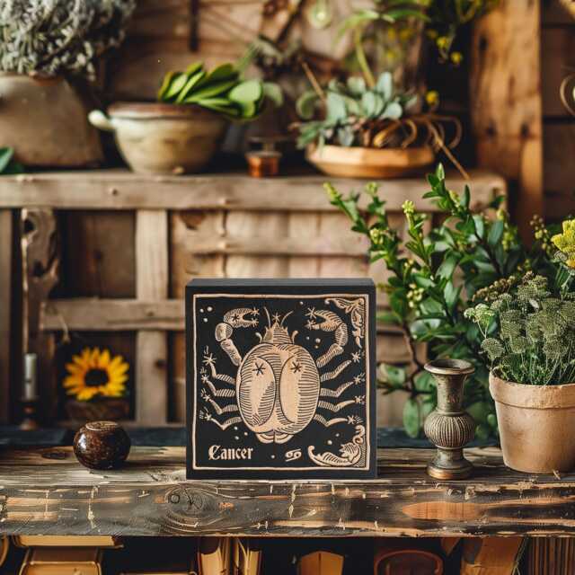 Cancer Zodiac Engraved Birch Wood Panel - Block Print Style Wall Art, Astrology Sign Illustration, Astrological Decor Gift - image 1
