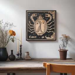 Cancer Zodiac Engraved Birch Wood Panel - Block Print Style Wall Art, Astrology Sign Illustration, Astrological Decor Gift - thumbnail 2