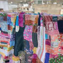 Traditional Kantha Quilt Cotton Block Print Reversible Patchwork Bedspread Handmade - thumbnail 3