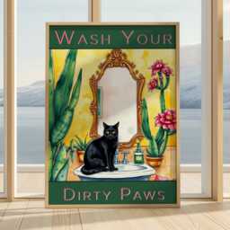 Black Cat Bathroom Art Print Funny Wash Your Paws Poster - thumbnail 1