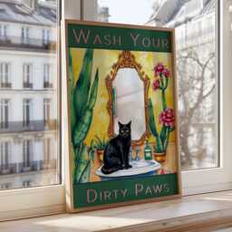 Black Cat Bathroom Art Print Funny Wash Your Paws Poster - thumbnail 3