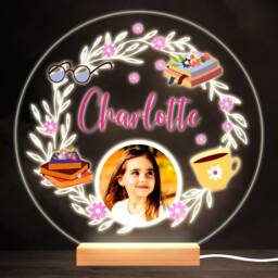 Books Reading Glasses Photo Colourful Round Personalised Gift Lamp Night Light - Bedroom
