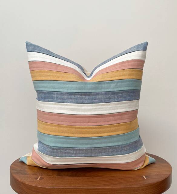 striped Linen Throw Pillow, Retro Color Block Accent, Handmade - image 1
