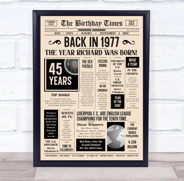 1977 Newspaper Any Age Year You Were Born Birthday Facts Personalised Gift Print - image 1