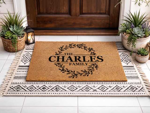 Custom Wreath Name Mat - The Charles Family Welcome Rug Modern Home Decor - image 1