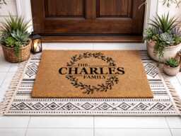 Custom Wreath Name Mat - The Charles Family Welcome Rug Modern Home Decor - thumbnail 1
