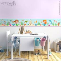 Mermaid Wall Border Decal, Mermaids Repositionable Border, Ocean Under The Sea Girls Room Decor - thumbnail 1