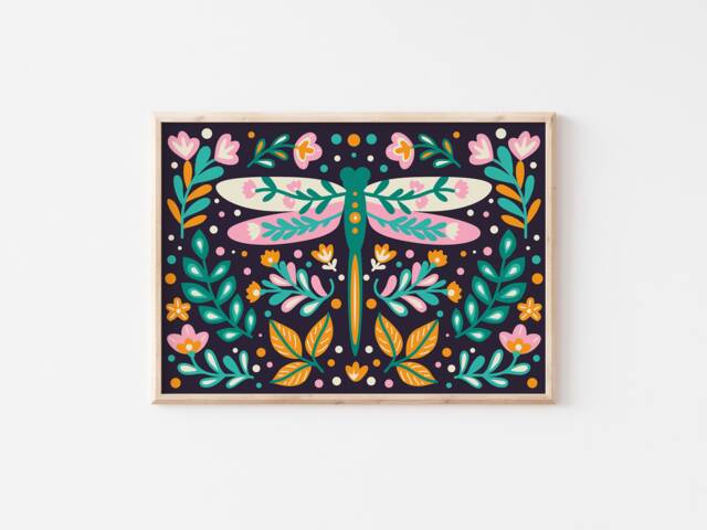 Folk Style Dragonfly Print - Scandi Enchanting Girls Bedroom Decor, Nursery Poster, Nature Insects, Whimsical Art, Plants Flowers Woods - image 1