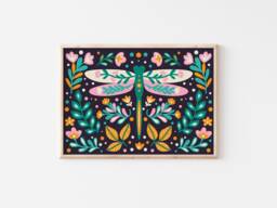 Folk Style Dragonfly Print - Scandi Enchanting Girls Bedroom Decor, Nursery Poster, Nature Insects, Whimsical Art, Plants Flowers Woods - thumbnail 1