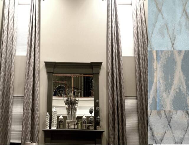 Extra Long Teal Beige Gray Jacquard Curtain With Diamond Geometrical Pattern Grommet Top 10 12 14 16 17, 18, 20 Ft 2 Story Ikiriska - image 1