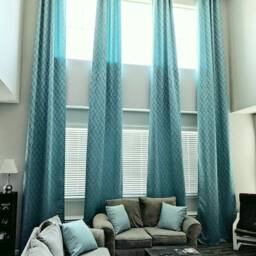 Extra Long Teal Beige Gray Jacquard Curtain With Diamond Geometrical Pattern Grommet Top 10 12 14 16 17, 18, 20 Ft 2 Story Ikiriska - thumbnail 3