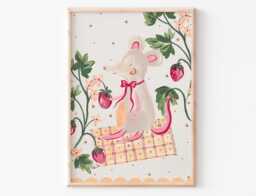 strawberry Mouse Art Print -Vintage Nursery - Animal Illustration Painted Unframed Baby Artwork Children's Bedroom Wall Art - thumbnail 1
