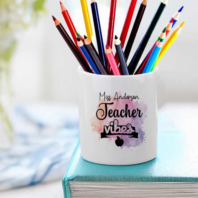 Personalised Teacher Vibes Design Pencil Storage Ceramic Pot - image 1