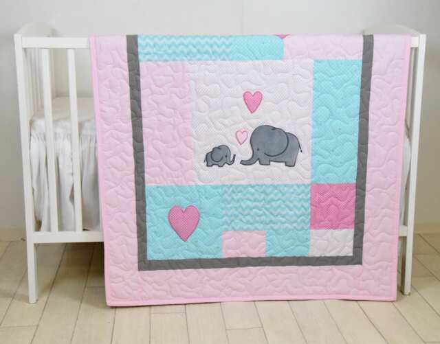 Elephant Baby Quilt, Mint Gray Pink Crib Bedding, Chevron Blanket, Grey Safari Nursery - image 1
