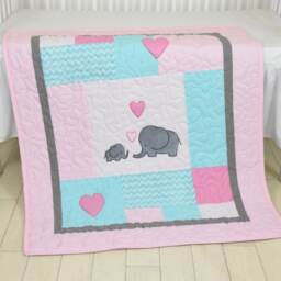 Elephant Baby Quilt, Mint Gray Pink Crib Bedding, Chevron Blanket, Grey Safari Nursery - thumbnail 2