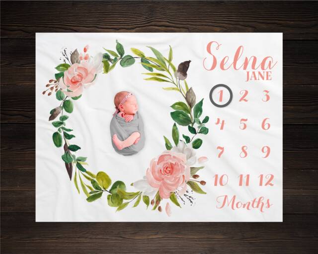 Girl Milestone Blanket Personalized Monthly Growth Tracker Custom Baby Shower Gift For New Mom Watercolor Floral Newborn Nursery - image 1