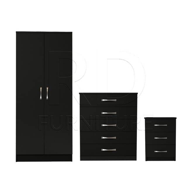 Bedroom Set, Black Set, Wardrobe, Chest Of Drawers & Bedside Table. Ready Assembled - image 1