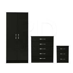 Bedroom Set, Black Set, Wardrobe, Chest Of Drawers & Bedside Table. Ready Assembled - thumbnail 1