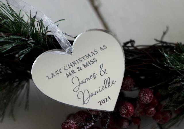 Luxury Mirror Acrylic Last Christmas As Mr & Miss Personalised Ornament Bauble Decoration Heart - image 1