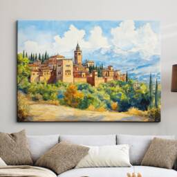 The Alhambra Spanish Landmark Abstract Oil Painting Wall Art, Framed Canvas Poster Print, Home Kitchen Office Room Decor, Travel Gifts - thumbnail 1