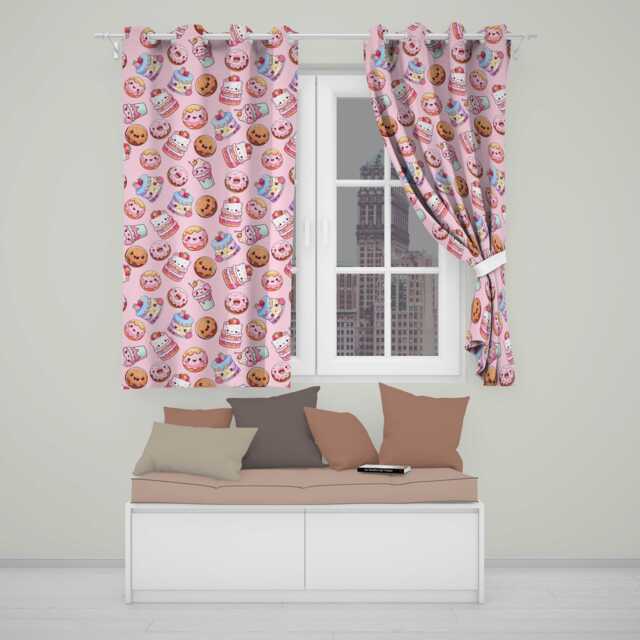 Cute Kawaii Donuts Cakes Desserts Soft Pink Background Seamless Pattern Readymade Eyelet Ring Top Thermal 100% Blackout Curtains - image 1