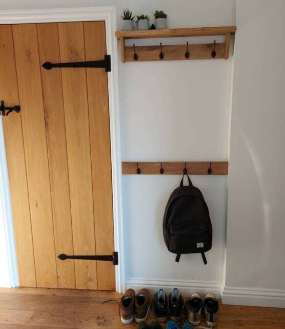 Oak Coat Racks - Set Of 2 Hook Handmade Wooden Entryway Shelf With Cast Iron Hooks Towel Hanger Rail Wall Mounted Retro Classic Vintage - image 1