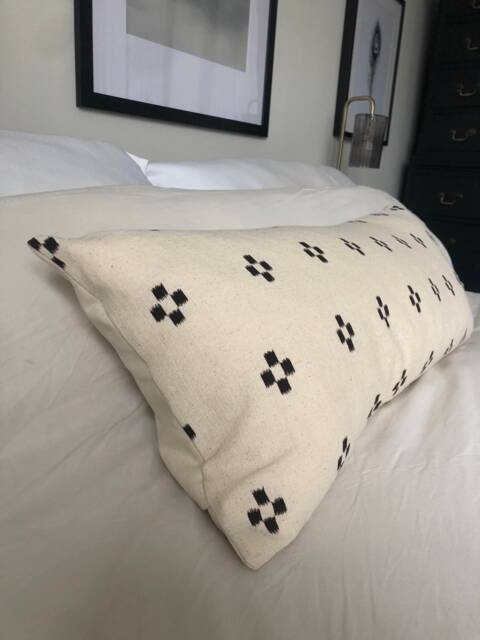 Black Patterned Bolster Pillow Cover, Extra Long Lumbar Cushion, Ivory Cotton - image 1