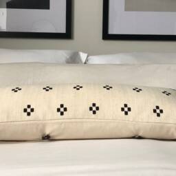 Black Patterned Bolster Pillow Cover, Extra Long Lumbar Cushion, Ivory Cotton - thumbnail 3