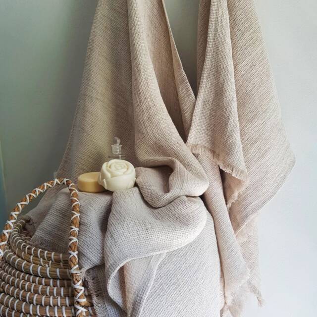 Waffle Linen Bath Towel Beige Belgian Linen, Handmade - image 1