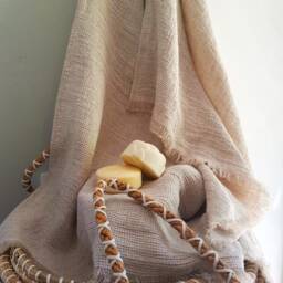 Waffle Linen Bath Towel Beige Belgian Linen, Handmade - thumbnail 3