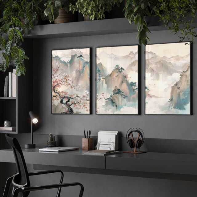 Chinoiserie Framed Wall Art 3 Piece Set, Extra Large Asian Triptych Art, Woman Office Decor Hanging, Workplace - image 1