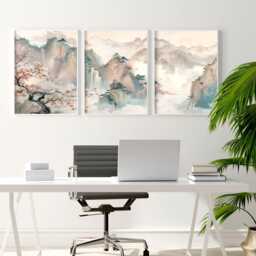 Chinoiserie Framed Wall Art 3 Piece Set, Extra Large Asian Triptych Art, Woman Office Decor Hanging, Workplace - thumbnail 2